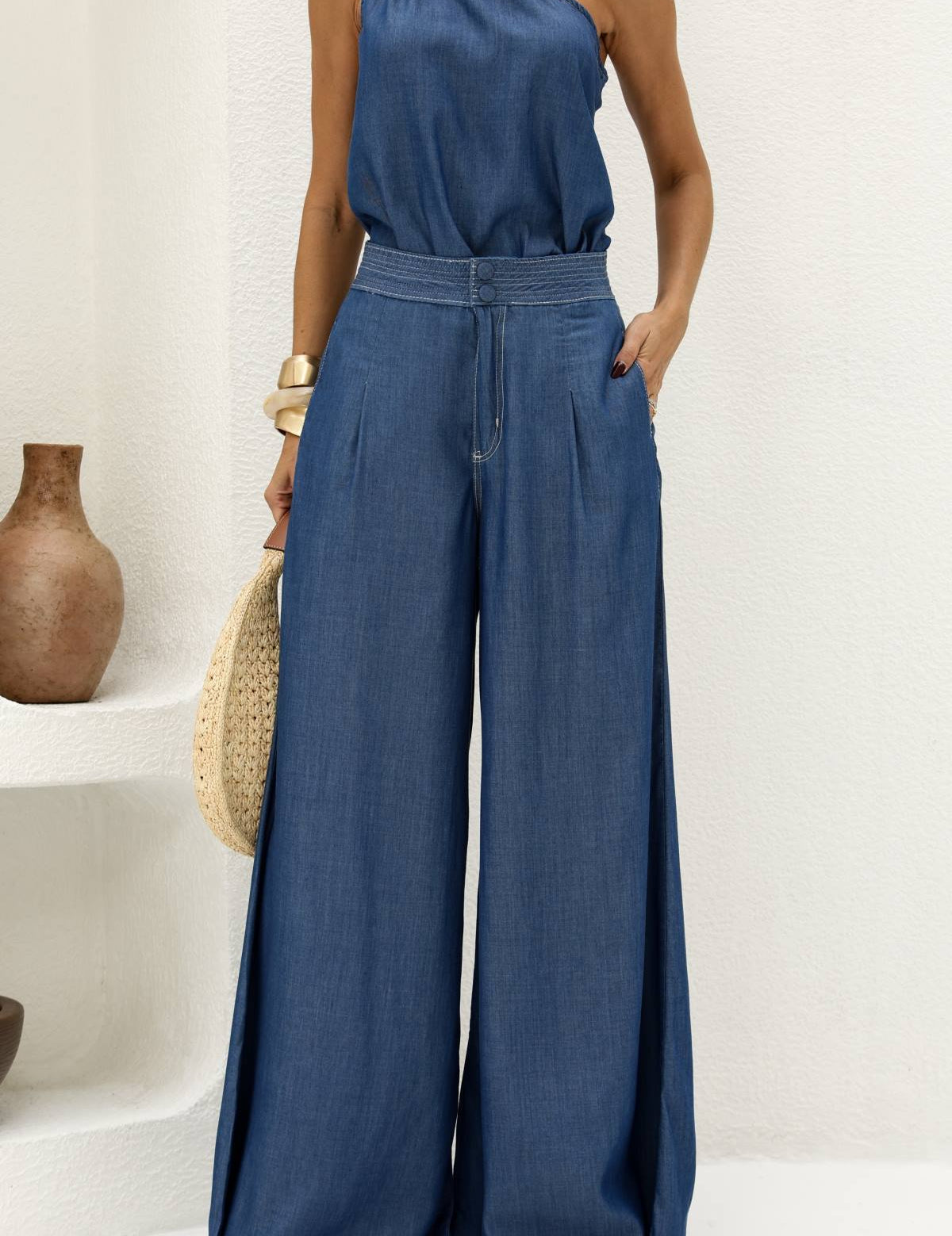 Calça Jeans Wide Leg Frysaide Azul Cintura Alta