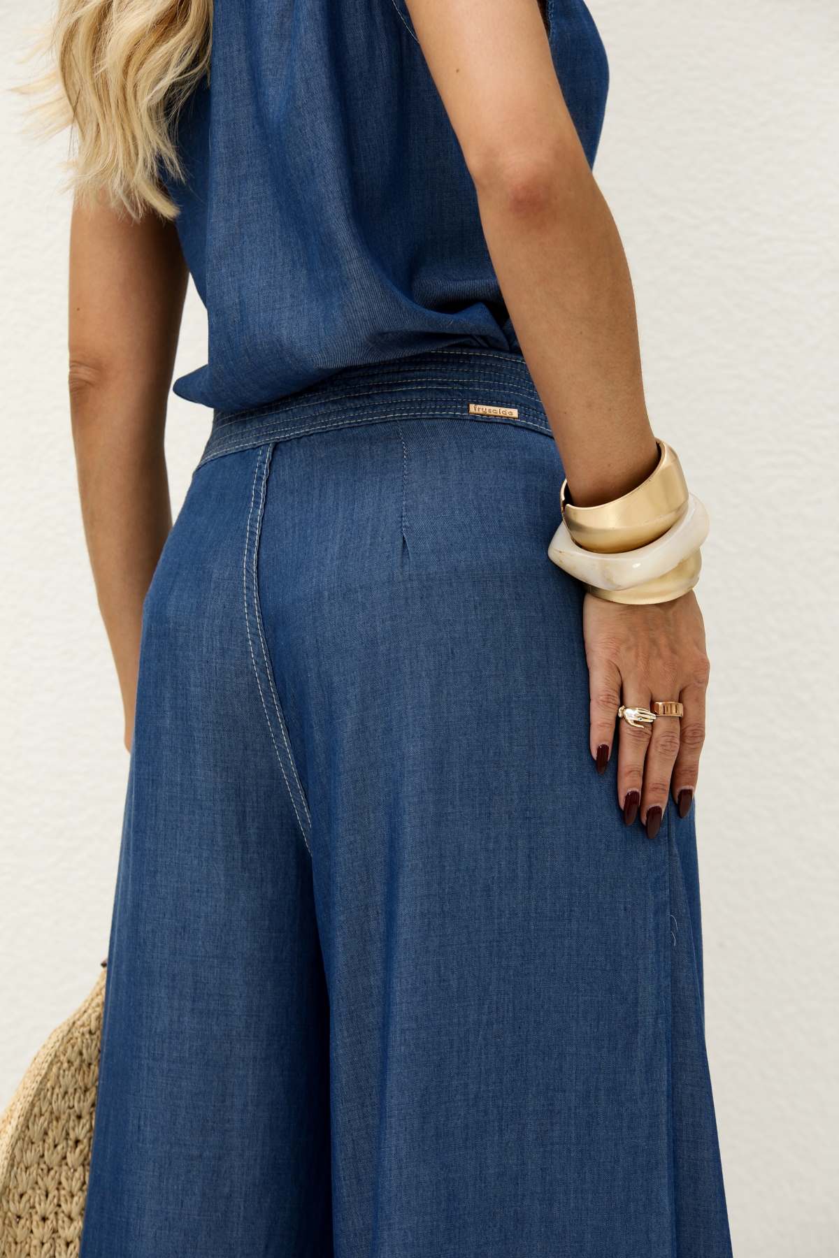 Calça Jeans Wide Leg Frysaide Azul Cintura Alta