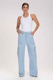 Calça Jeans Wide Leg Frysaide Azul Clara Cargo