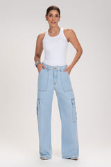 Calça Jeans Wide Leg Frysaide Azul Clara Cargo