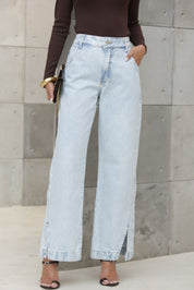 Calça Jeans Wide Leg Frysaide Azul Clara Fenda