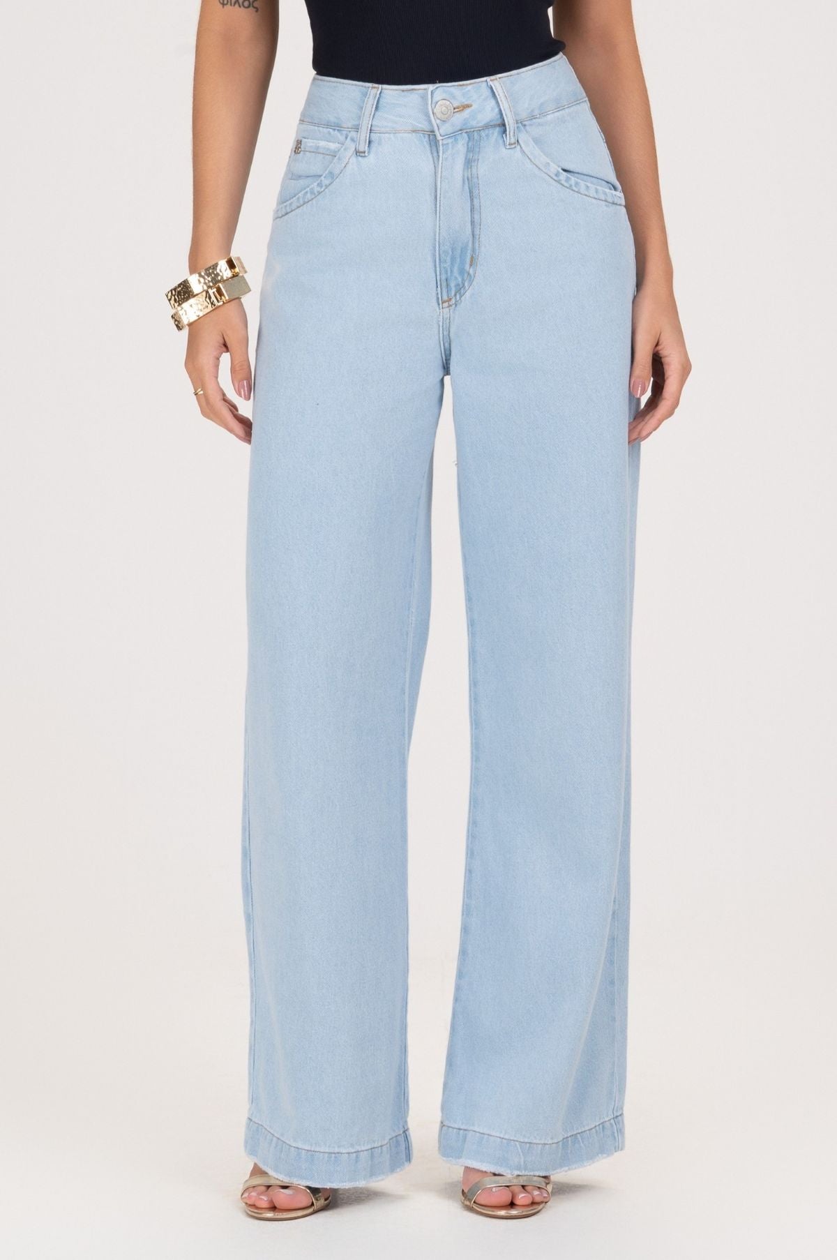 Calça Jeans Wide Leg Frysaide Azul Claro Barra Desfiada