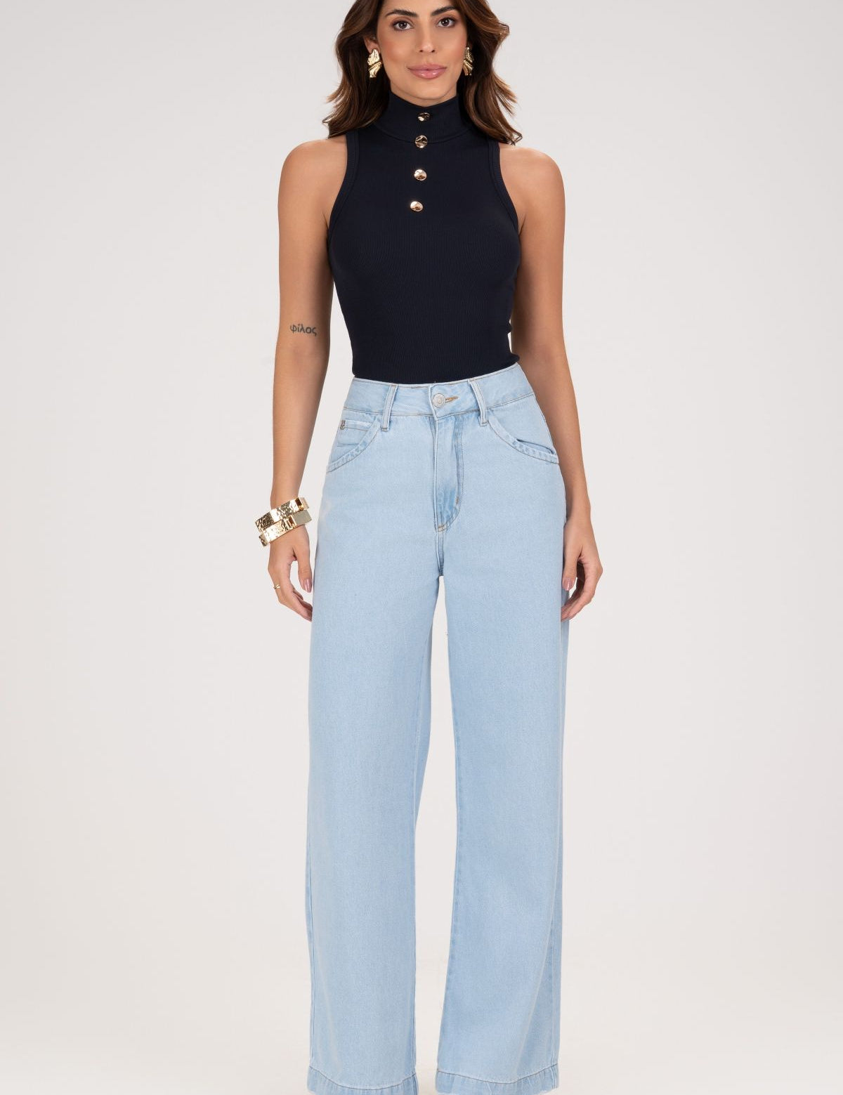 Calça Jeans Wide Leg Frysaide Azul Claro Barra Desfiada