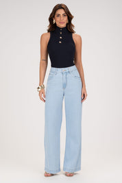 Calça Jeans Wide Leg Frysaide Azul Claro Barra Desfiada