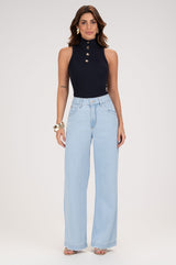 Calça Jeans Wide Leg Frysaide Azul Claro Barra Desfiada