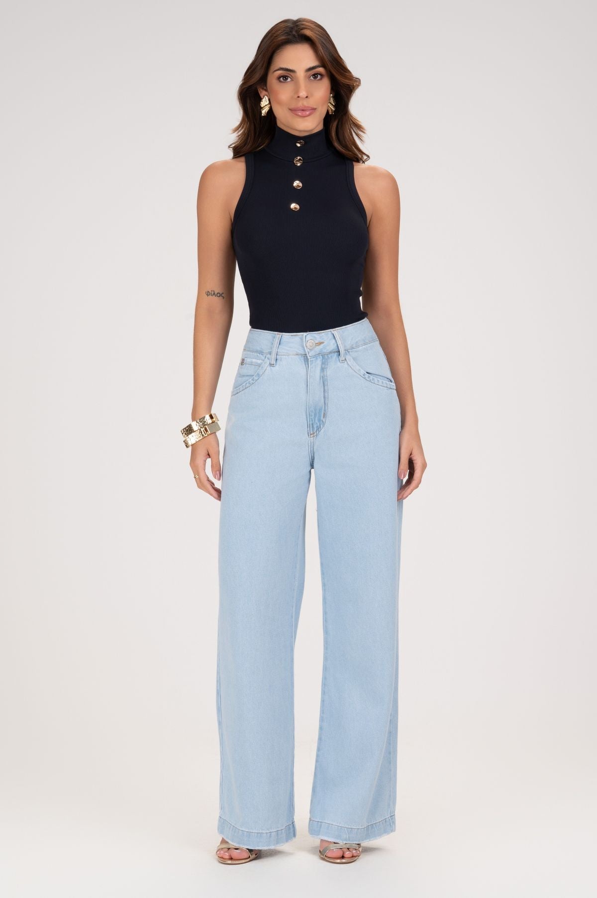 Calça Jeans Wide Leg Frysaide Azul Claro Barra Desfiada