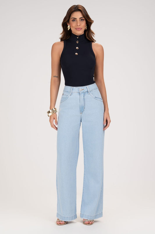 Calça Jeans Wide Leg Frysaide Azul Claro Barra Desfiada