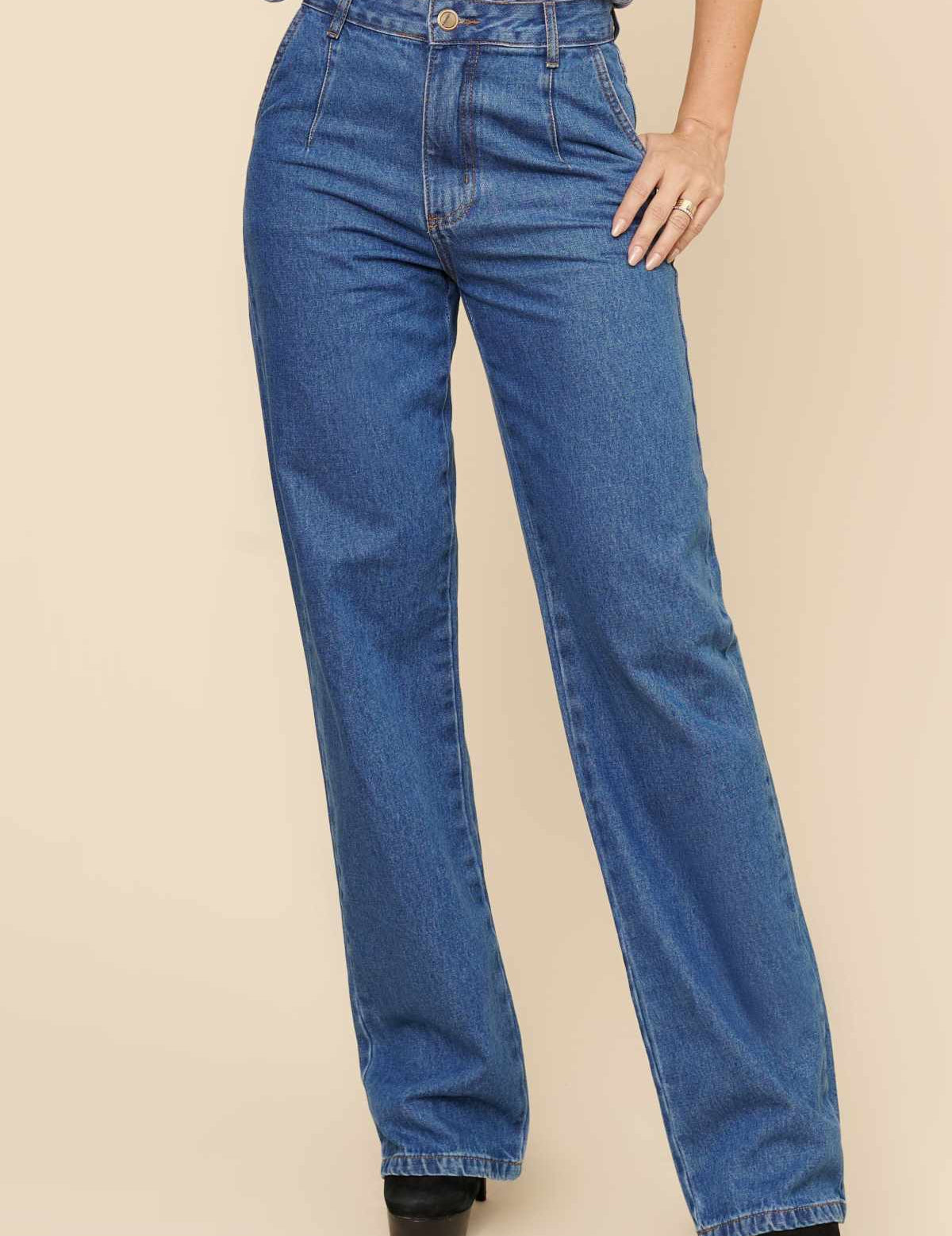 Calça Jeans Wide Leg Lottus Azul Cintura Alta
