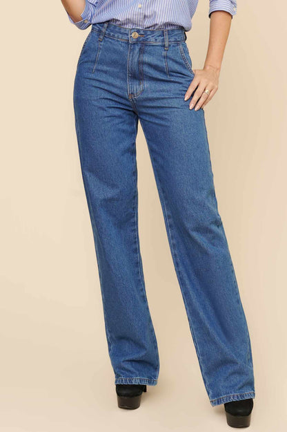 Calça Jeans Wide Leg Lottus Azul Cintura Alta