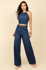 Calça Jeans Wide Leg Lottus Azul Escuro Cintura Alta