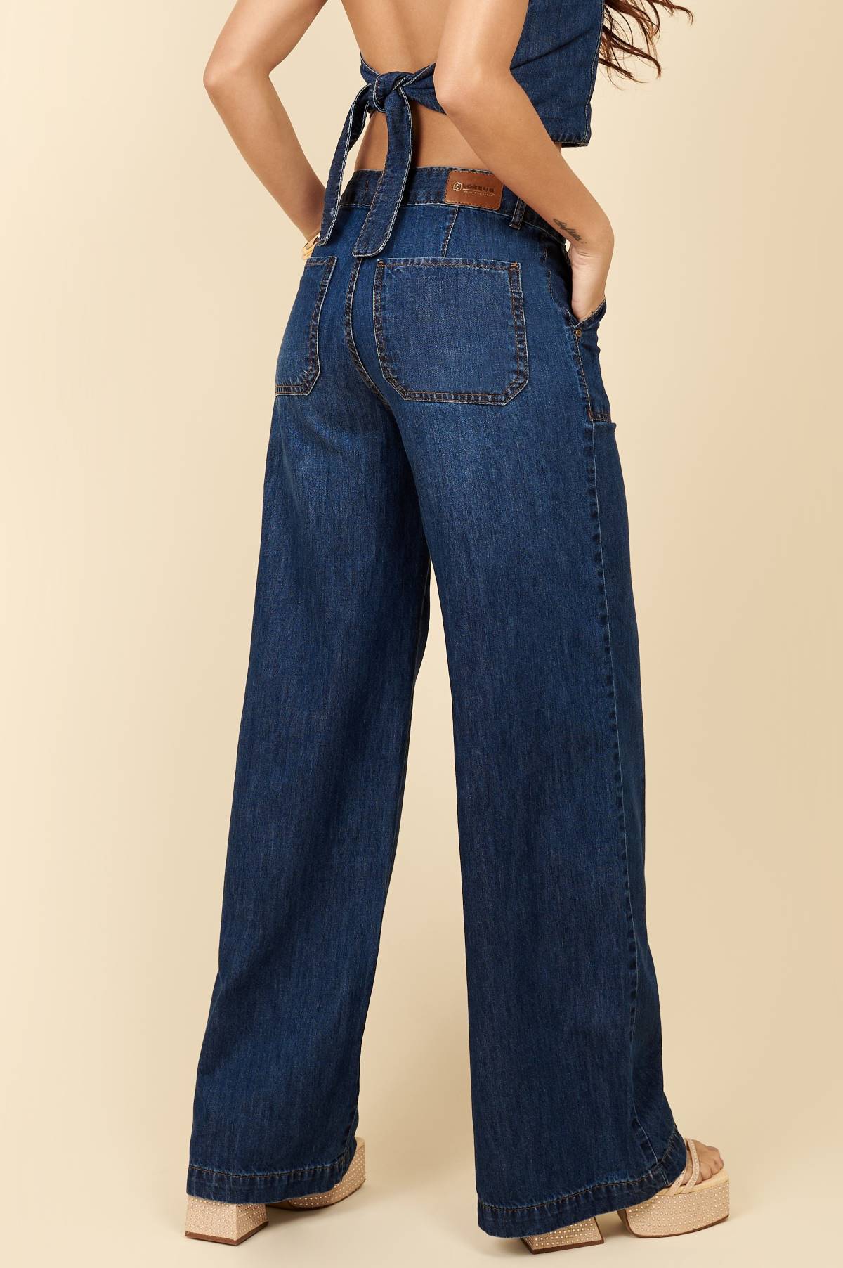 Calça Jeans Wide Leg Lottus Azul Escuro Cintura Alta
