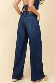 Calça Jeans Wide Leg Lottus Azul Escuro Cintura Alta