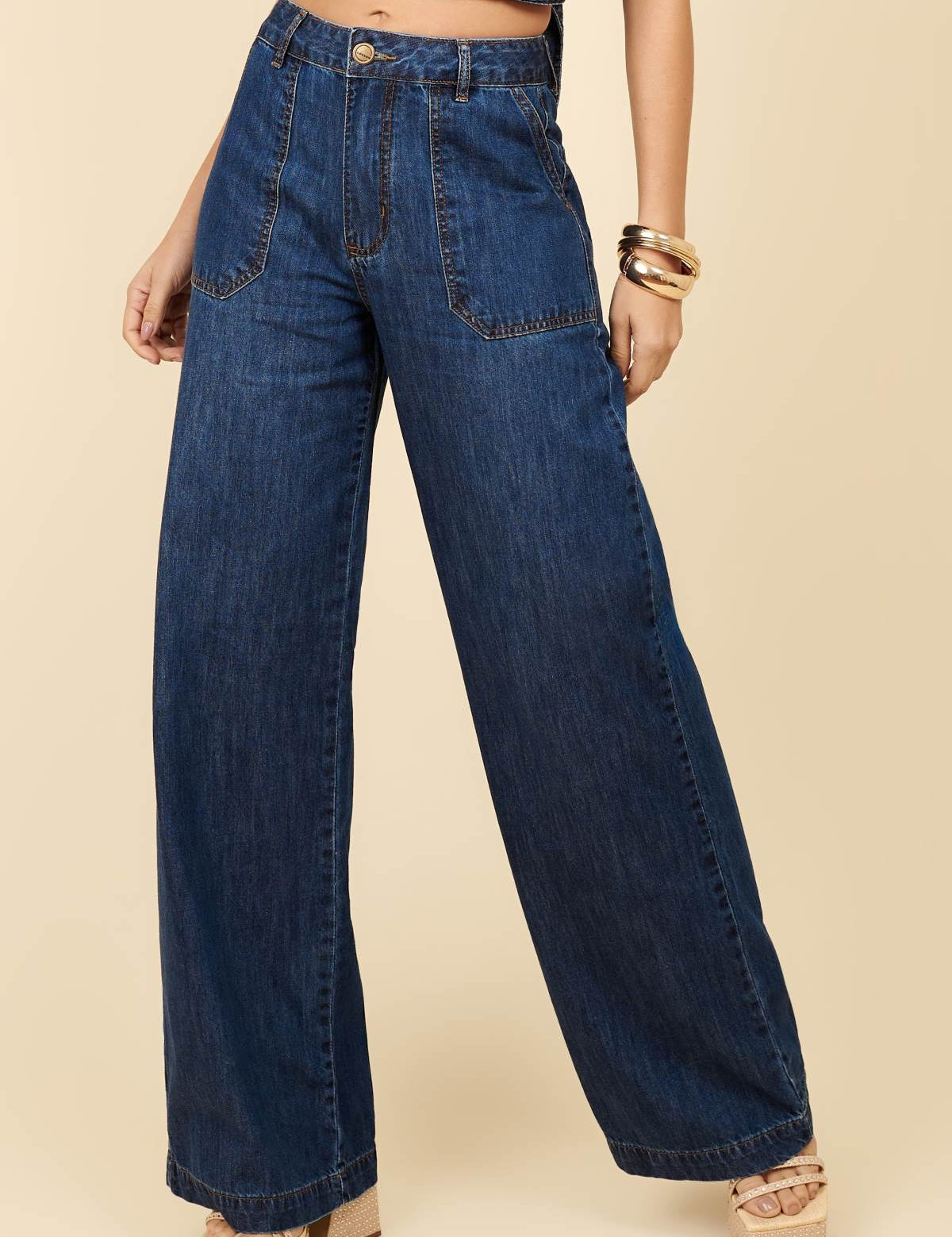 Calça Jeans Wide Leg Lottus Azul Escuro Cintura Alta