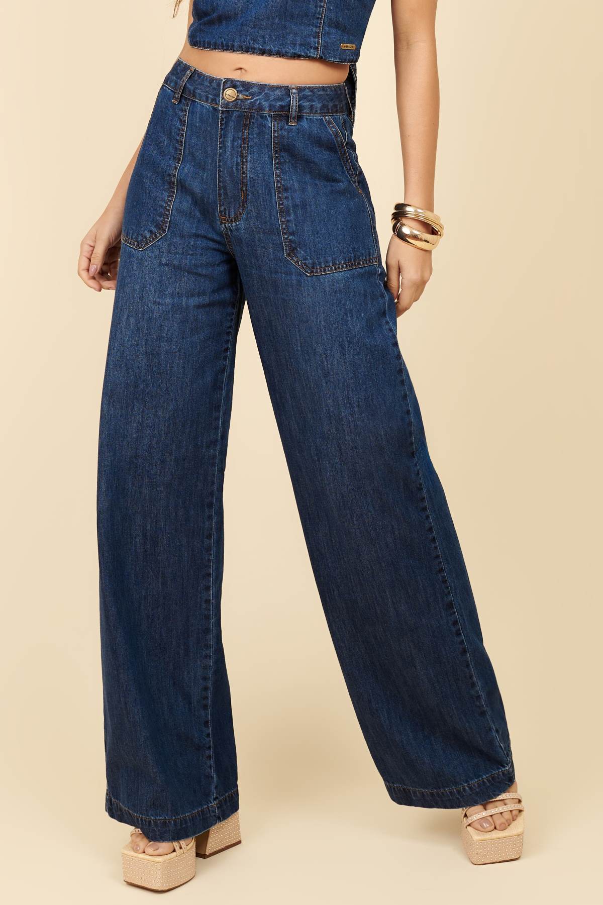 Calça Jeans Wide Leg Lottus Azul Escuro Cintura Alta