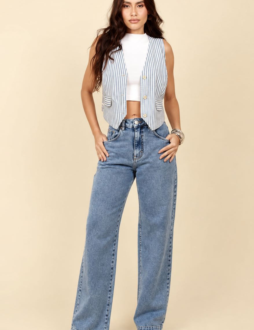 Calça Jeans Wide Leg Lottus Azul Marmorizada