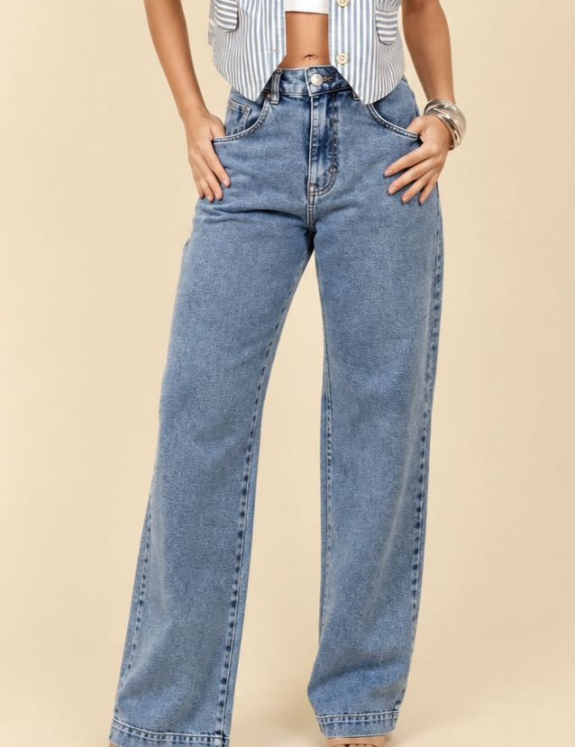 Calça Jeans Wide Leg Lottus Azul Marmorizada