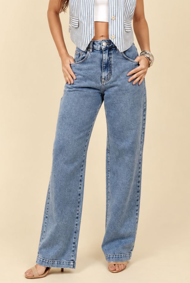 Calça Jeans Wide Leg Lottus Azul Marmorizada