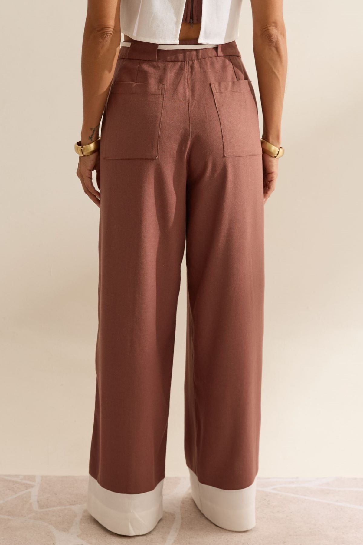 Calça Linho Flo Maria Marrom Wide Leg