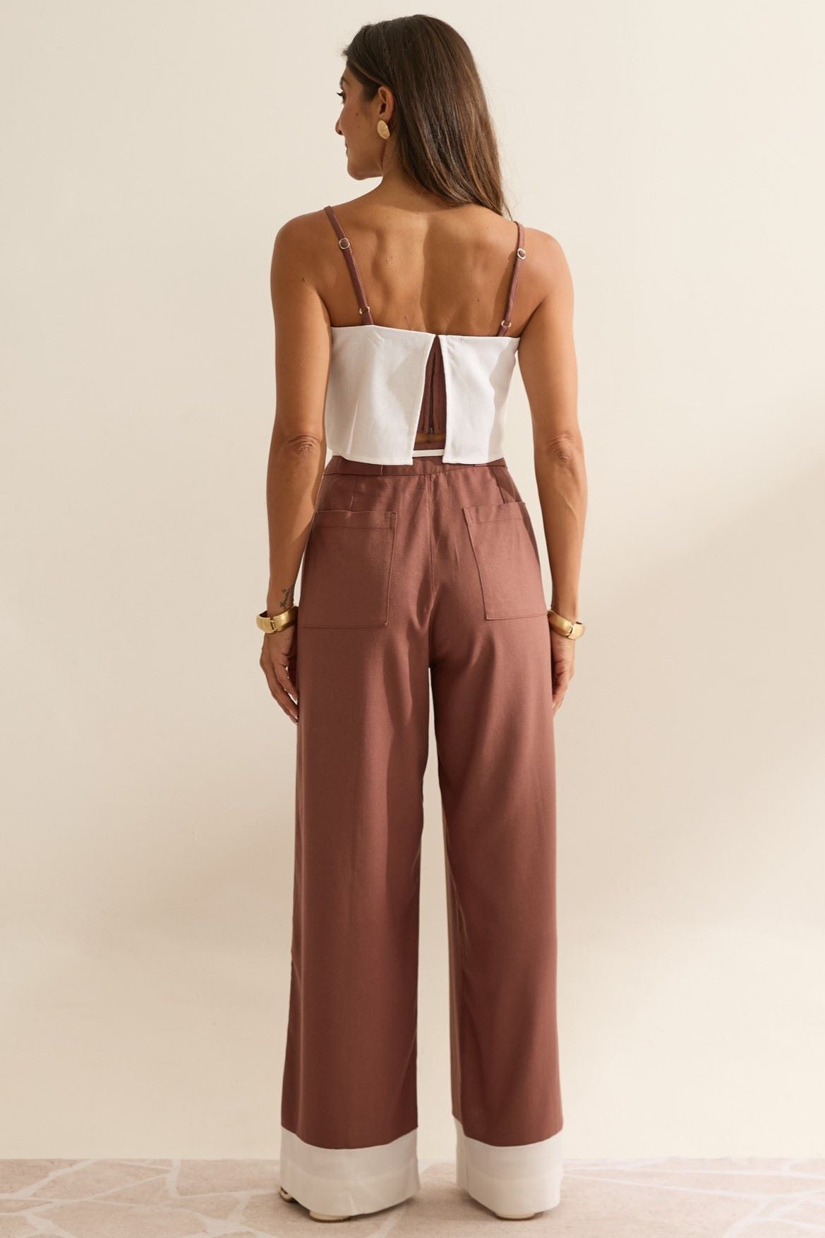 Calça Linho Flo Maria Marrom Wide Leg
