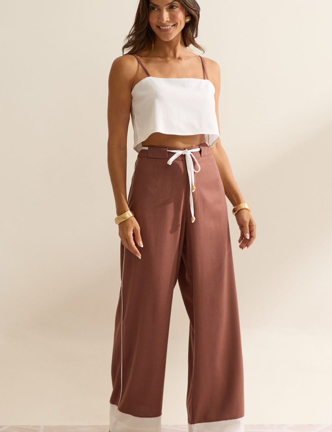 Calça Linho Flo Maria Marrom Wide Leg