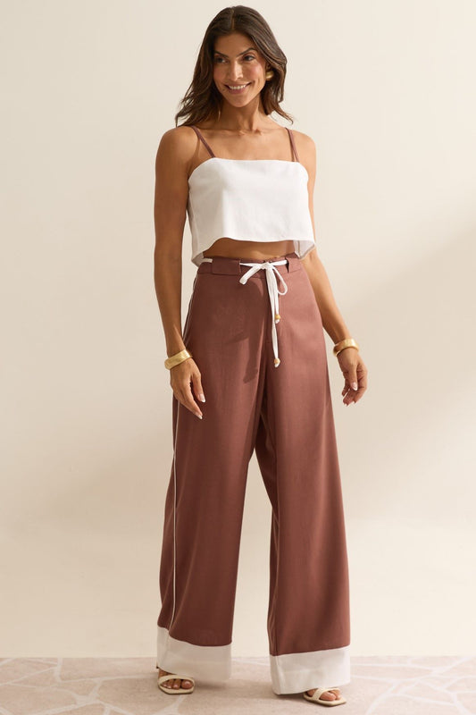 Calça Linho Flo Maria Marrom Wide Leg