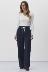 Calça Moletom Meia Loka Azul Cós Duplo Wide Leg
