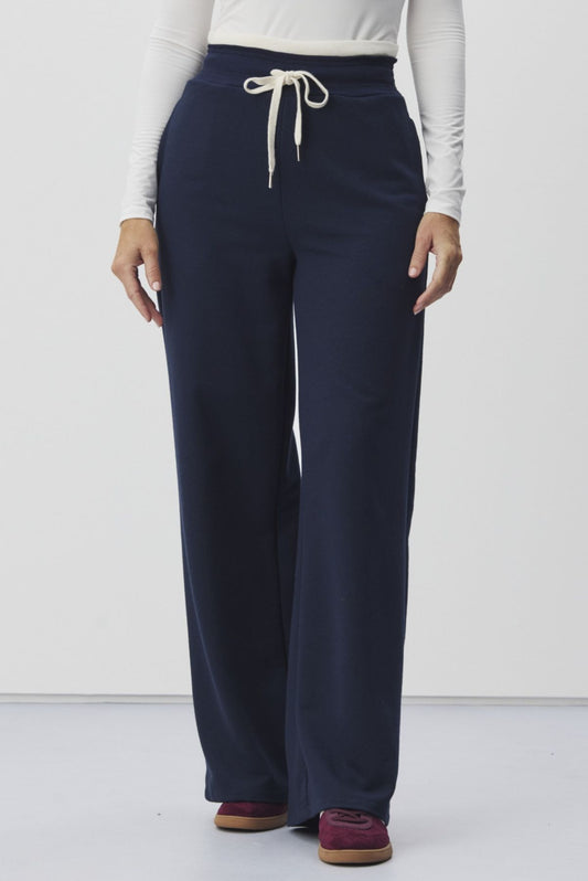 Calça Moletom Meia Loka Azul Cós Duplo Wide Leg