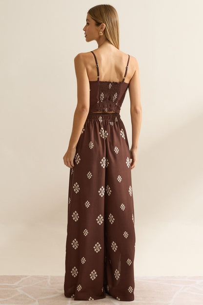 Calça Pantalona Flo Maria Marrom Estampa Geométrica