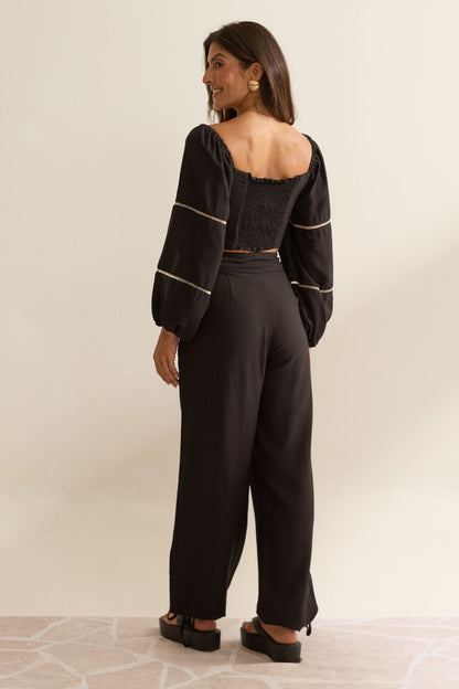 Calça Pantalona Flo Maria Preta Barra Amarração