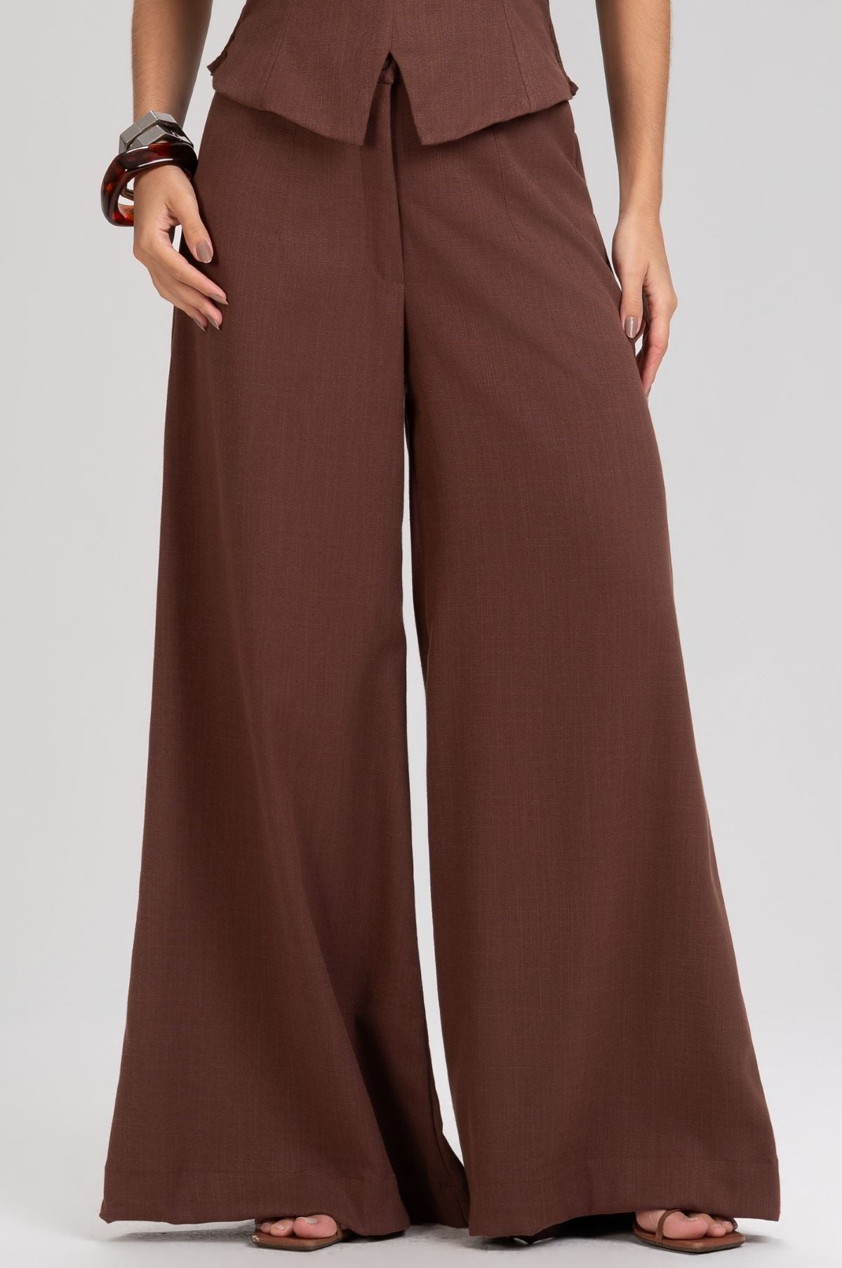 Calça Pantalona Frysaide Marrom Cintura Alta