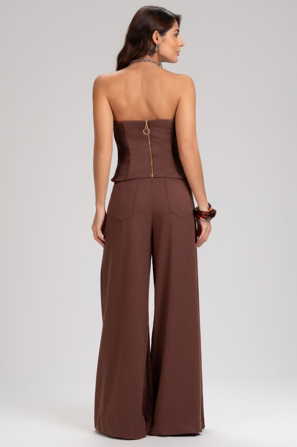 Calça Pantalona Frysaide Marrom Cintura Alta