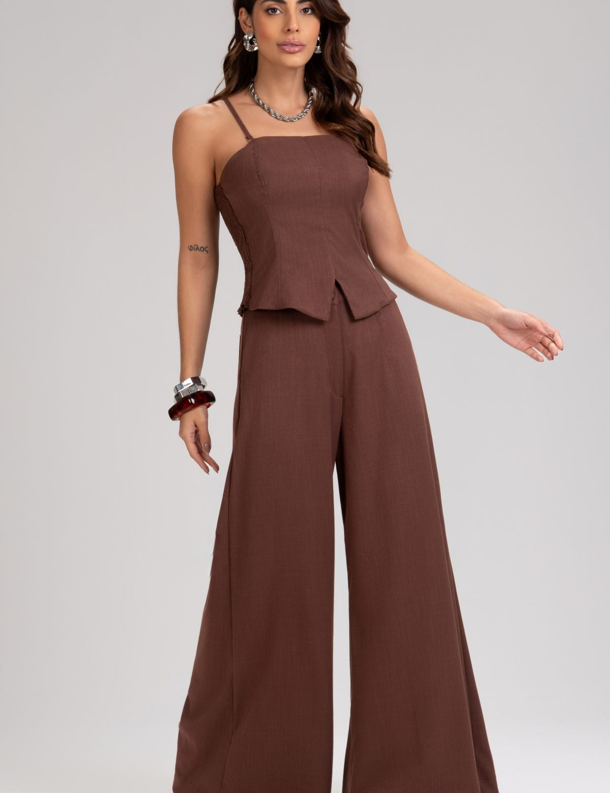 Calça Pantalona Frysaide Marrom Cintura Alta
