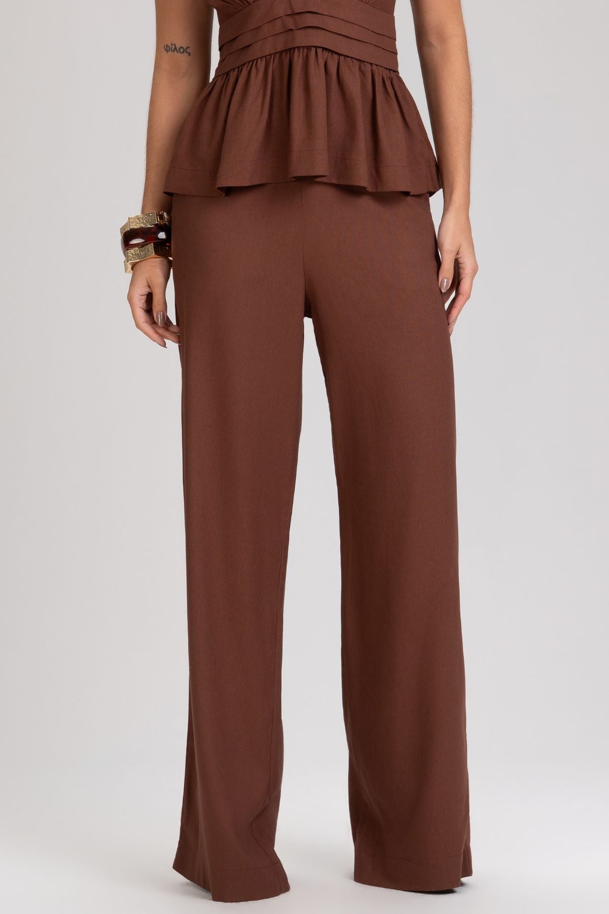 Calça Pantalona Frysaide Marrom Cintura Alta