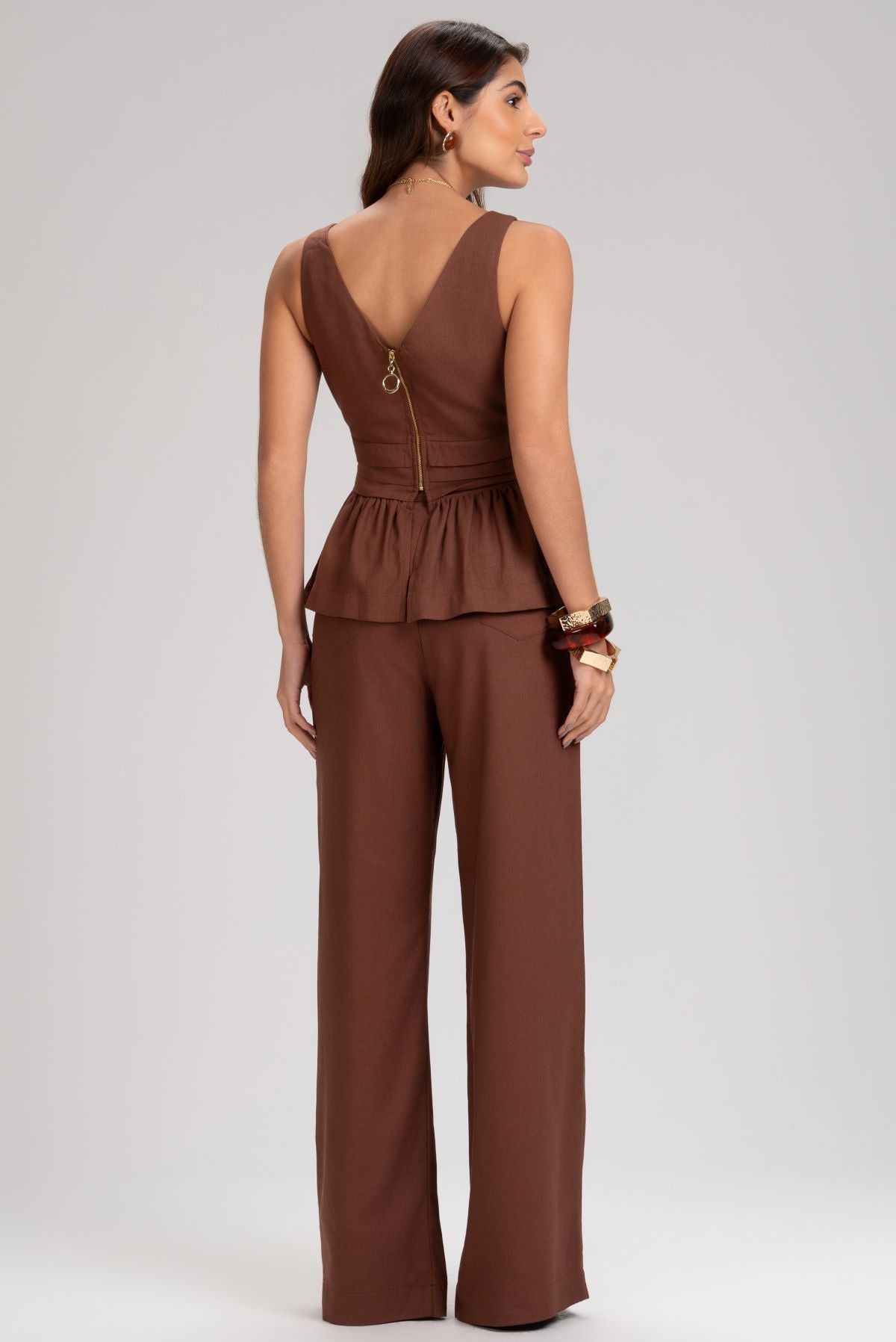 Calça Pantalona Frysaide Marrom Cintura Alta