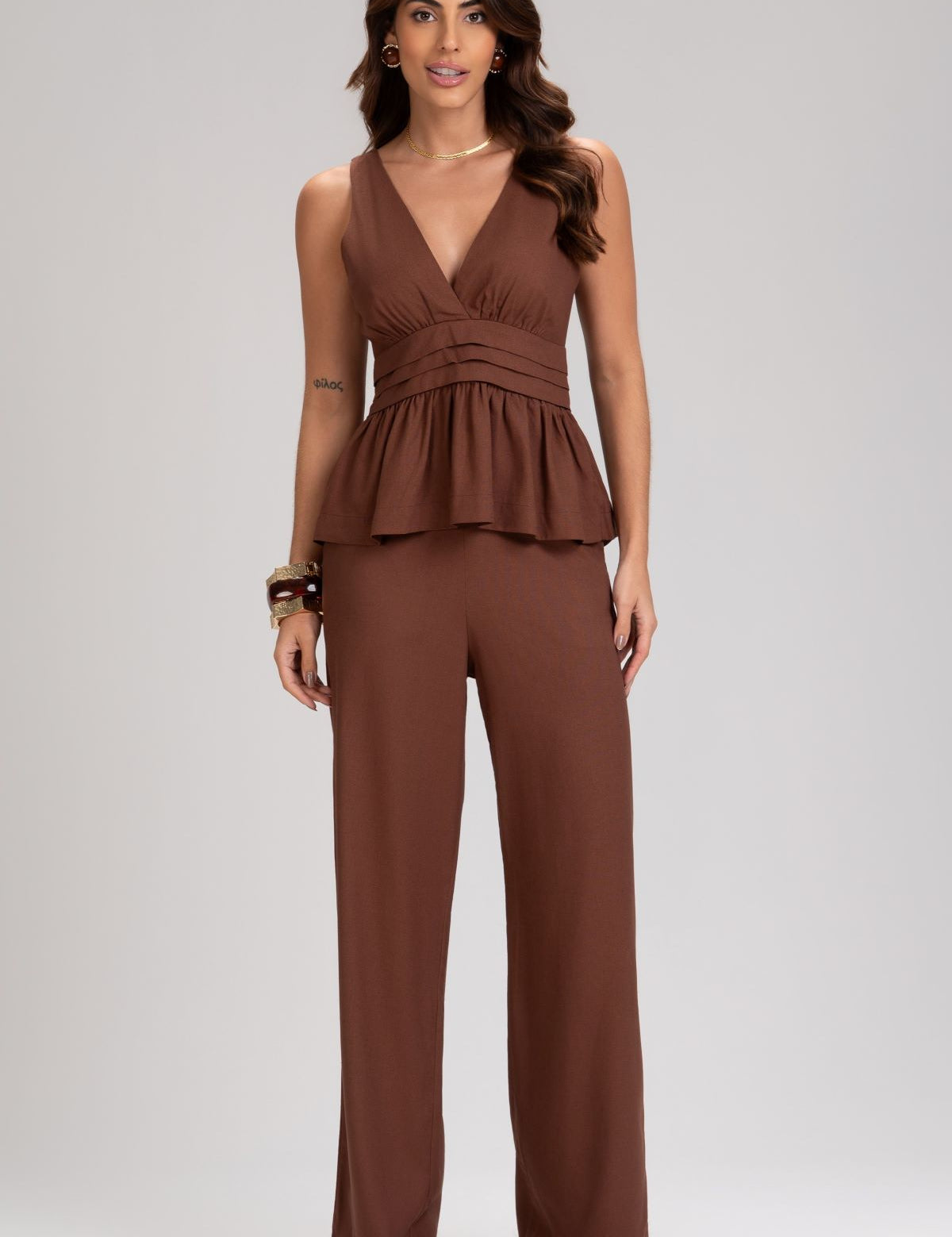 Calça Pantalona Frysaide Marrom Cintura Alta