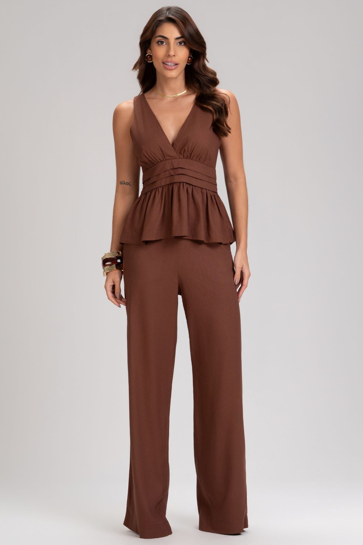 Calça Pantalona Frysaide Marrom Cintura Alta