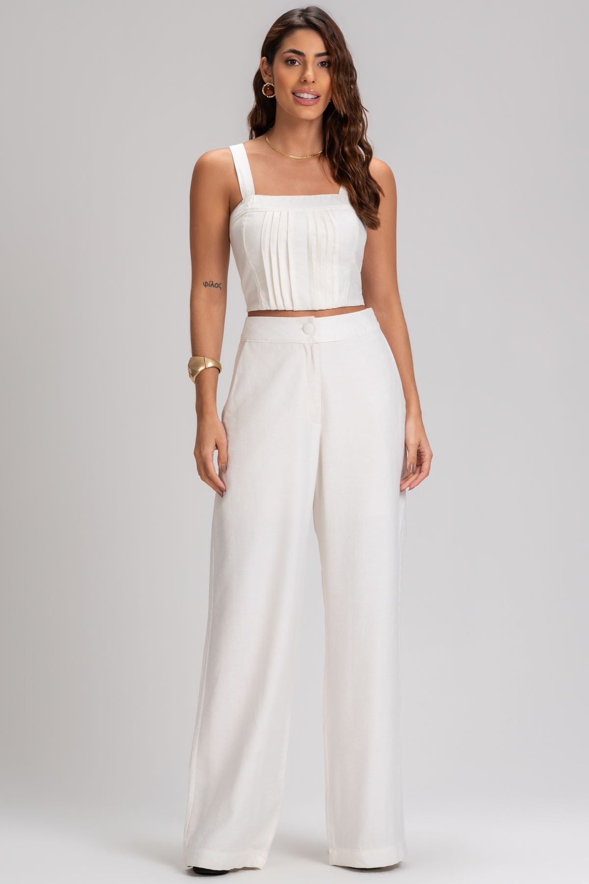 Calça Pantalona Frysaide Off White Cintura Alta
