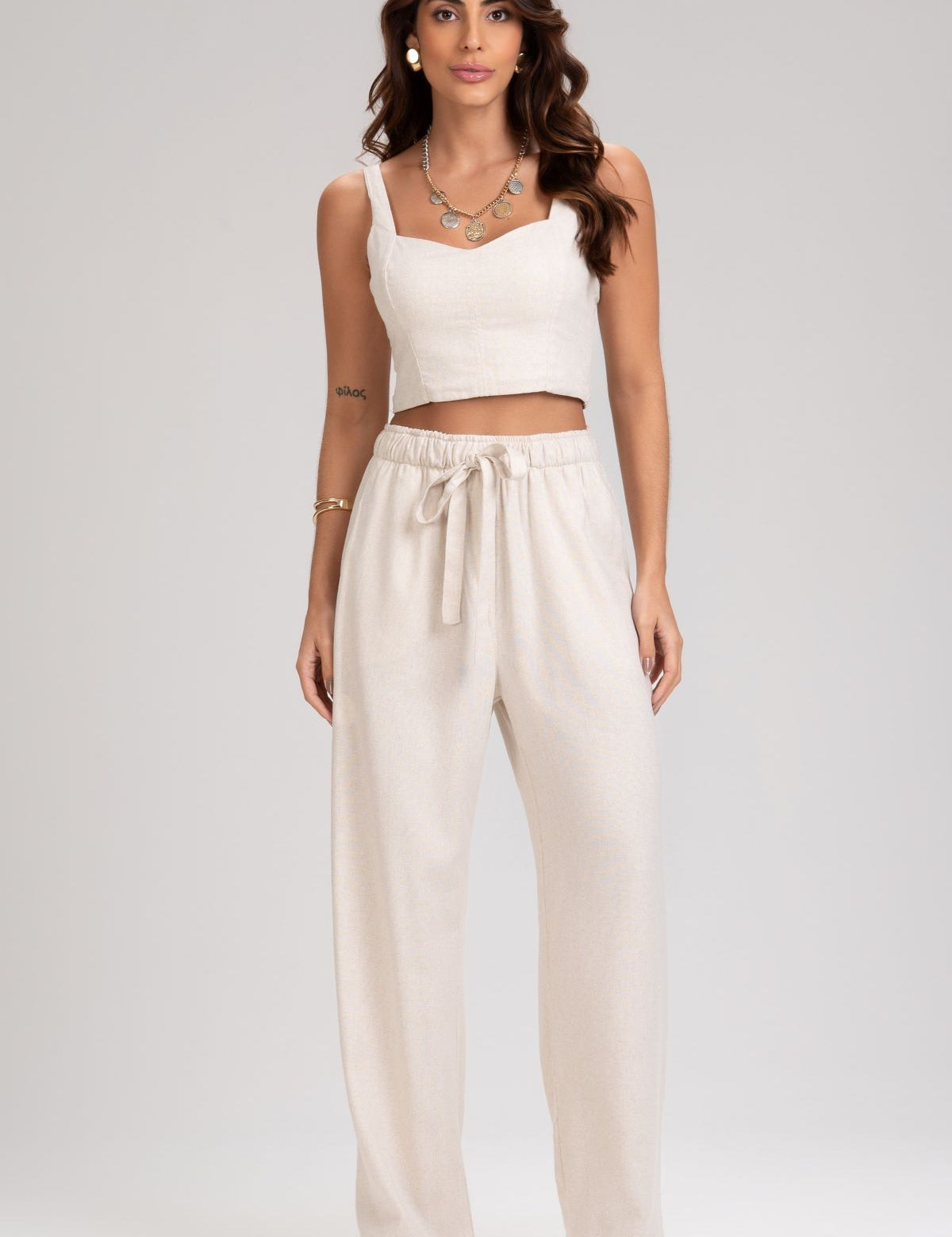 Calça Pantalona Frysaide Off White Linho Elástico
