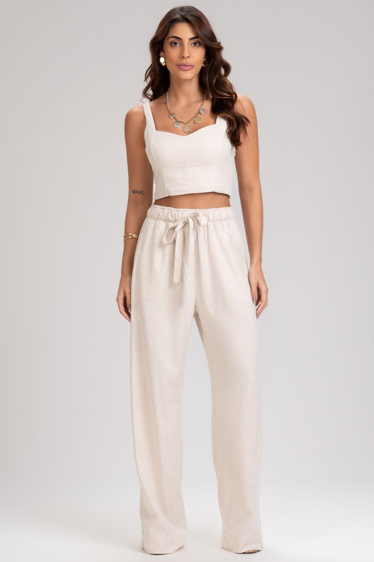 Calça Pantalona Frysaide Off White Linho Elástico