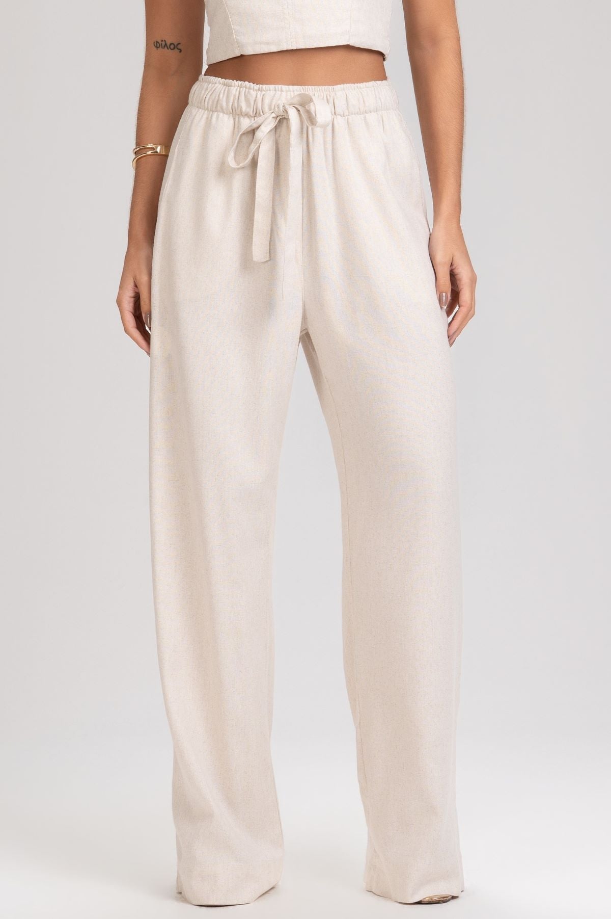 Calça Pantalona Frysaide Off White Linho Elástico