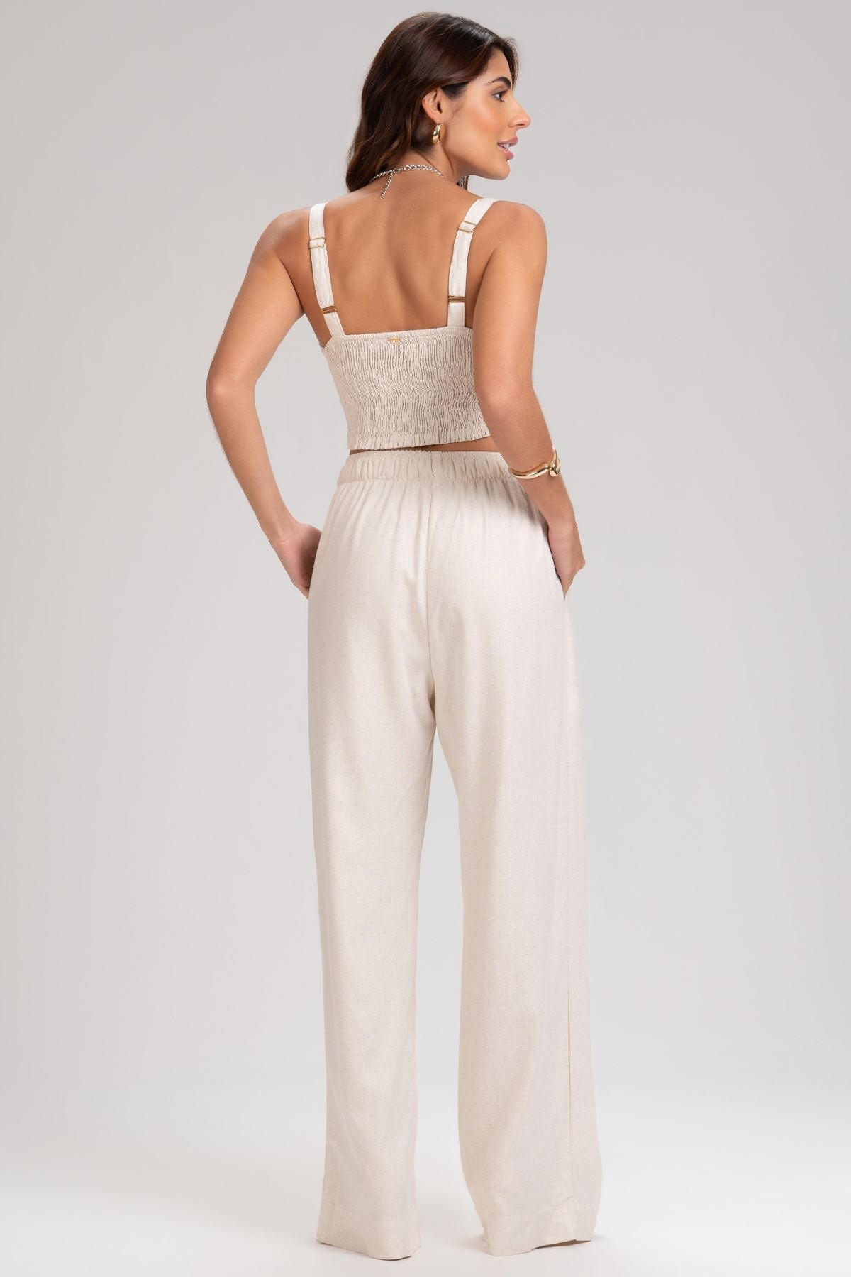 Calça Pantalona Frysaide Off White Linho Elástico