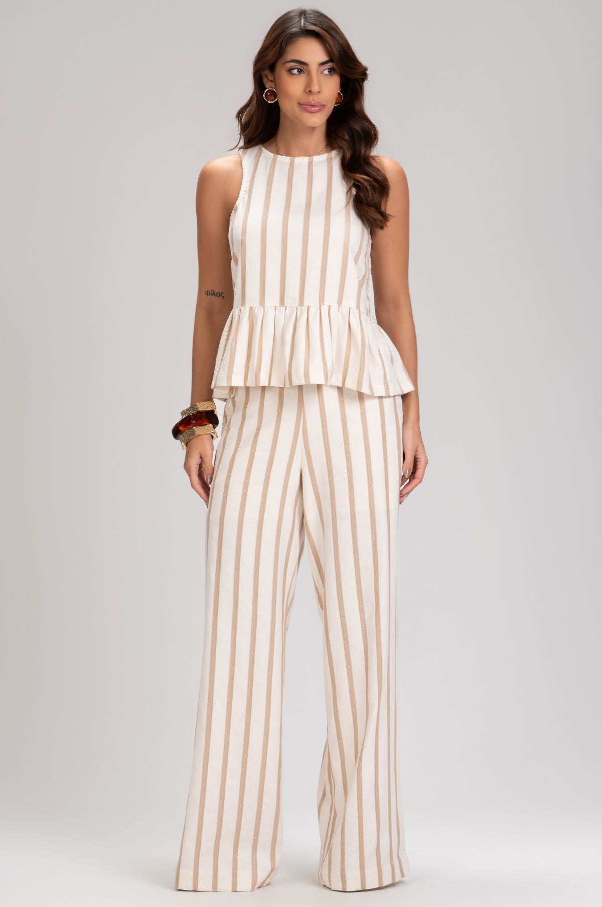 Calça Pantalona Frysaide Off White Listrada Metalizada