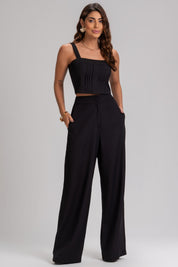 Calça Pantalona Frysaide Preta Alfaiataria Cintura Alta