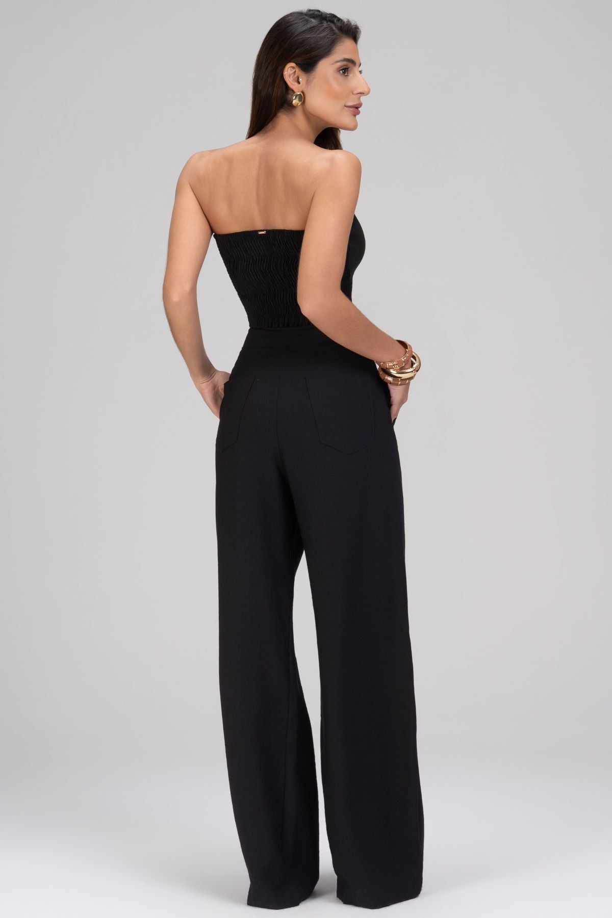 Calça Pantalona Frysaide Preta Alfaiataria Cintura Alta