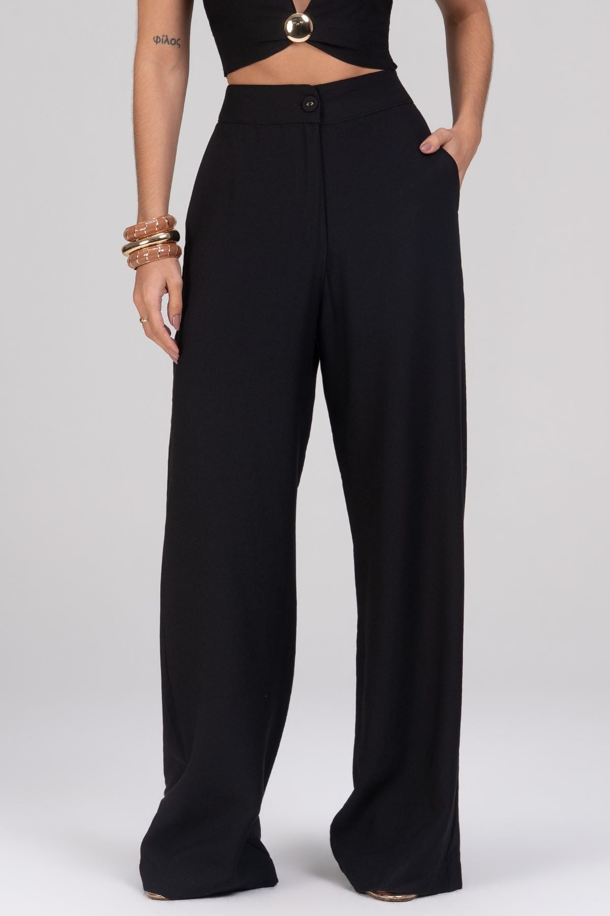 Calça Pantalona Frysaide Preta Alfaiataria Cintura Alta