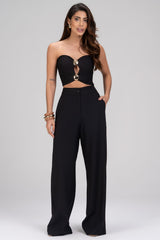 Calça Pantalona Frysaide Preta Alfaiataria Cintura Alta