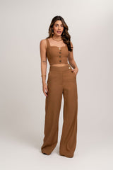 Calca Pantalona Marrom De Linho Com Cos Transpassado Frysaide