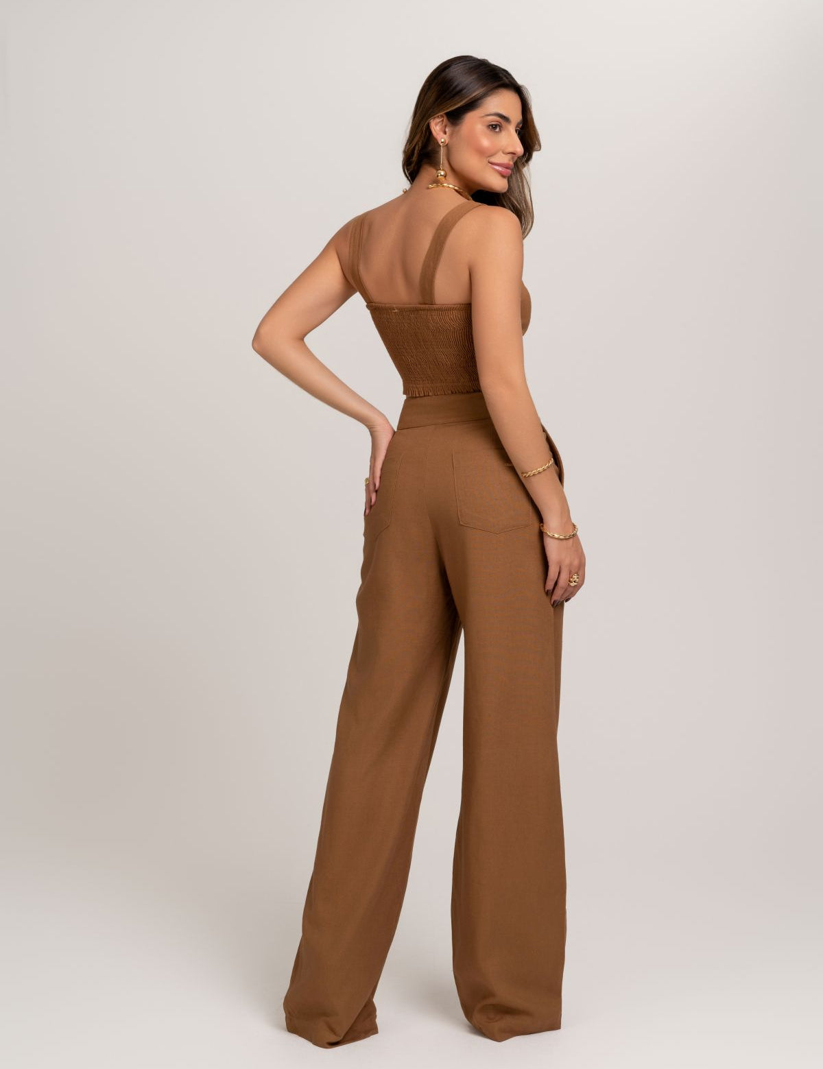 Calca Pantalona Marrom De Linho Com Cos Transpassado Frysaide