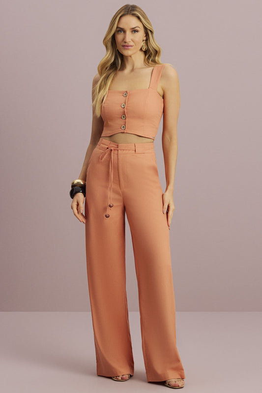 Calça Pantalona Meia Loka Terracota Cinto Faixa