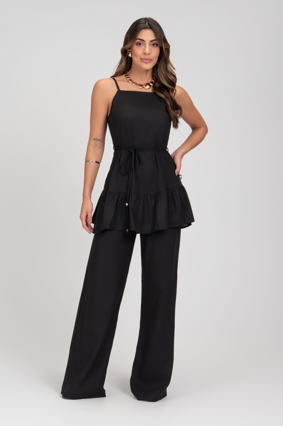 Calça Pantalona Preta Linho Frysaide